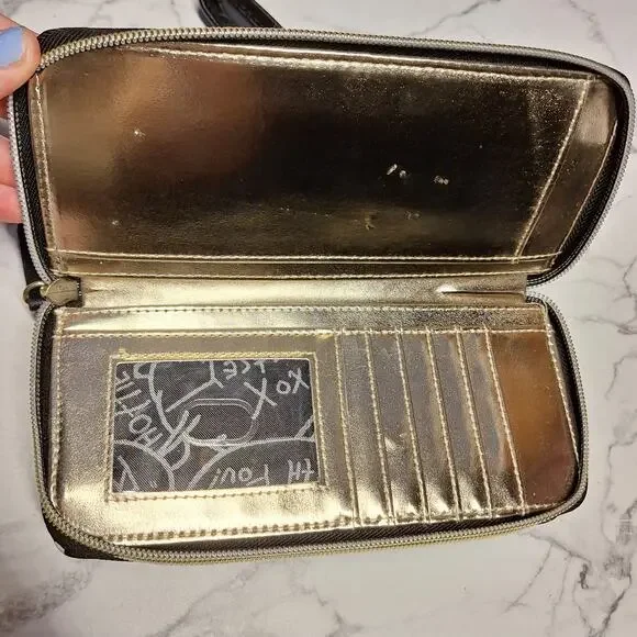 Betsey Johnson NEW zip around wristlet wallet faux leather w roses striped bling - Picture 7 of 13